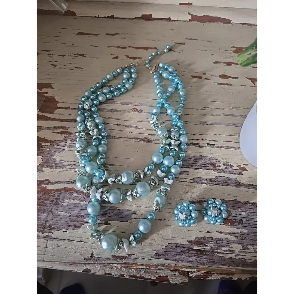 VtgJapan Blue Faux Pearl‎ Necklace Earring Set 3 Strand Mid Century MCM 1950s
